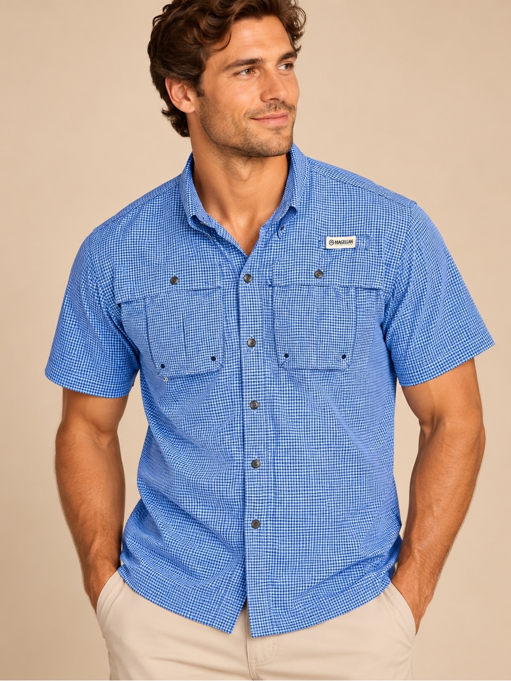Magellan Outdoors Fish Gear Blue Gingham Fishing Shirt Size Small